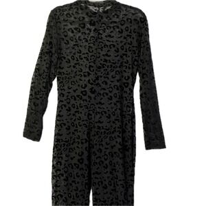 Leopard Mesh Jumpsuit Womens 2XL Black Flocked Sheer Bodycon long sleeve